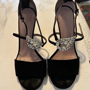 Gucci Black Suede Heeled Sandals with Crystal Buckle